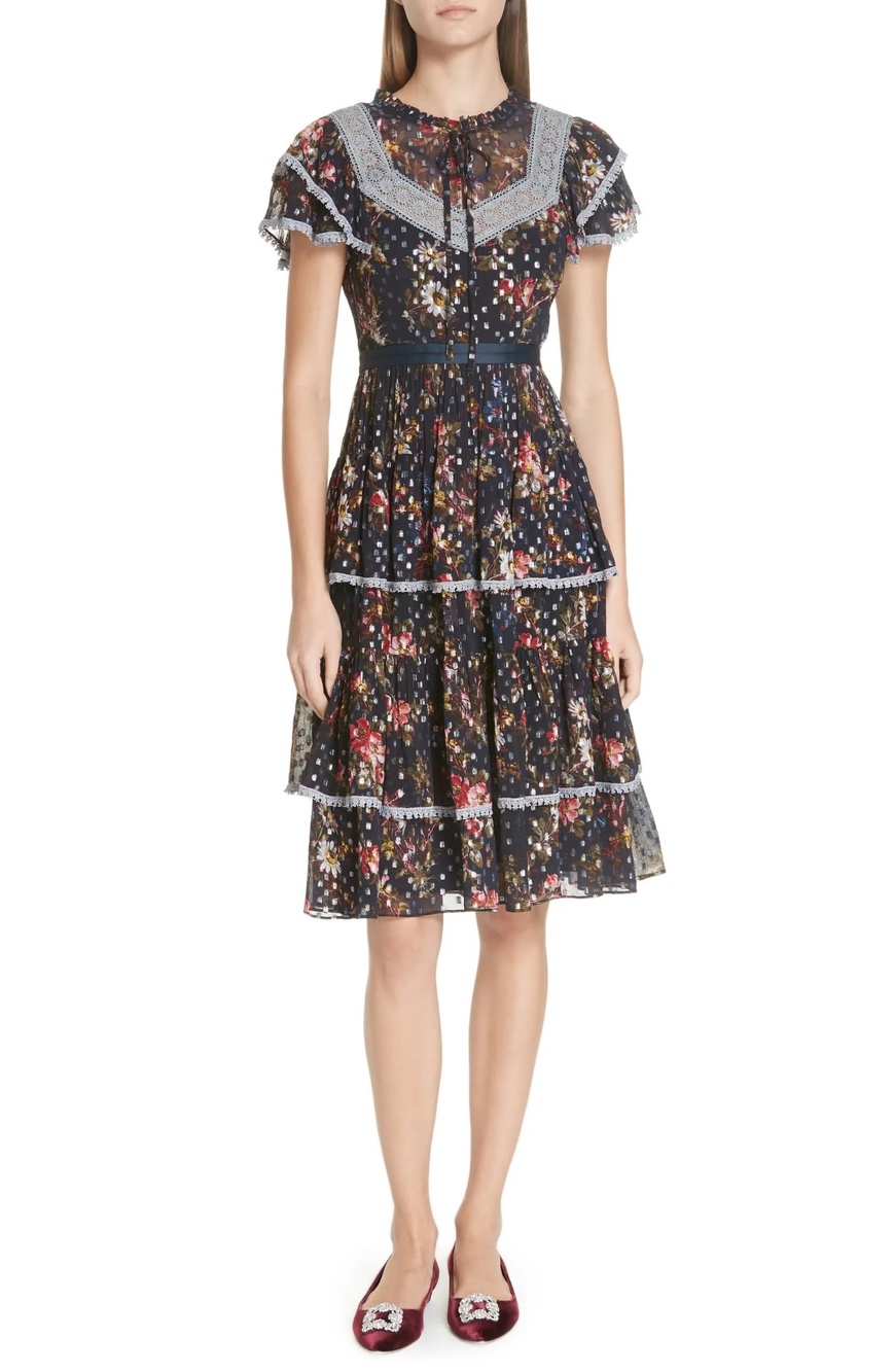 Needle & Thread Winter Forest Dress Navy Floral Medium Women
